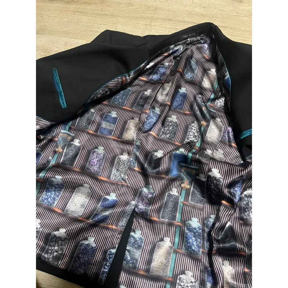 Ted‎ Baker London Modern Fit Black Wool Blazer Jacket Size 46R Bottle Print